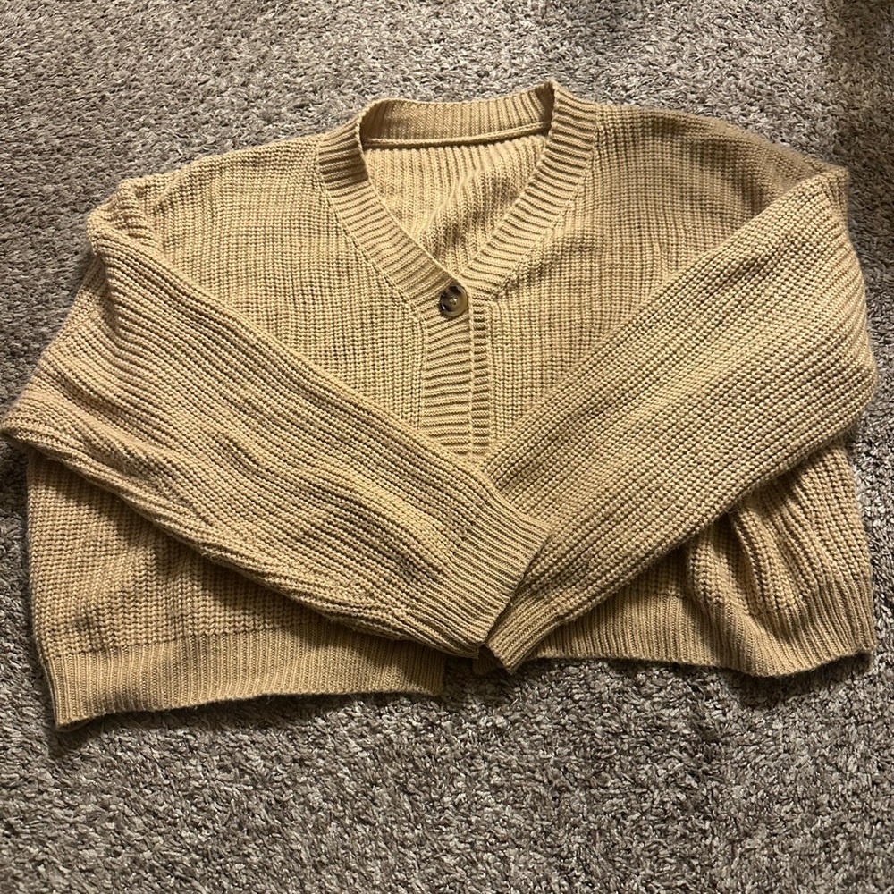 Single Button Waffle Knit Sweater Shawl Cardigan Beige Size Medium